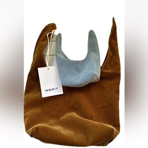 Merit Beauty Cosmetic Makeup Bags Mini Blue Velvet & Brown Corduroy TieTop Pouch